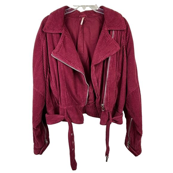 Free People Slouchy Dolman Moto Jacket Corduroy Burgundy Full Zip Lined Belted M - Picture 8 of 16